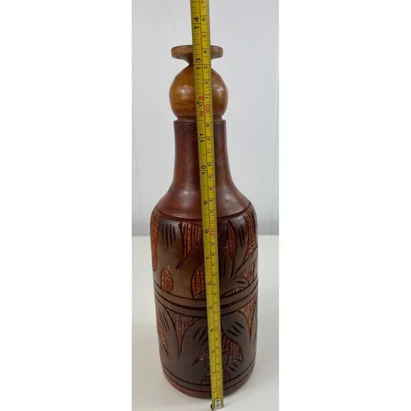 Handcrafted Carved Wooden 3 Piece Bottle Holder Lid Cup - Picture 10 of 16